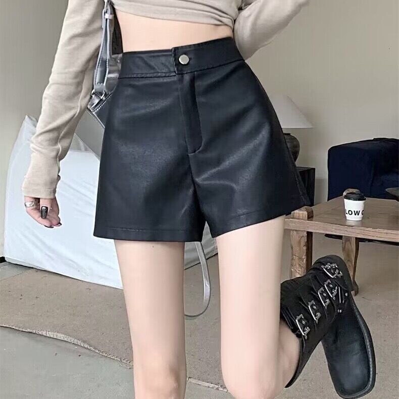 PU皮裤短裤高腰显瘦黑色阔脚裤休闲a字热裤胖m小个子时尚妹妹靴裤