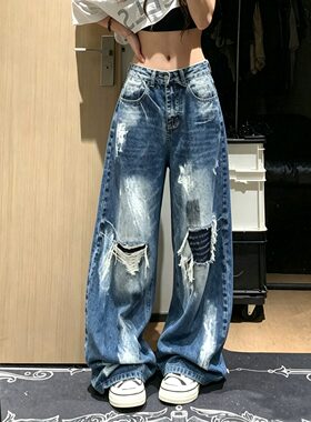 秋季新款大码假破洞做旧涂鸦阔腿乞丐裤女高腰宽松显瘦弯刀牛仔裤