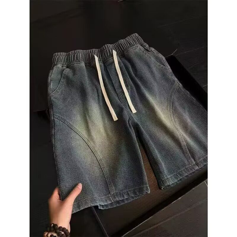 悟空有货潮牌抽绳松紧腰水洗牛仔短裤男女复古夏季宽松百搭五分裤