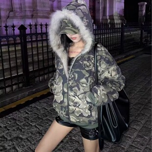 美式水洗迷彩毛领连帽夹克棉服冬季加厚座山雕外套男潮