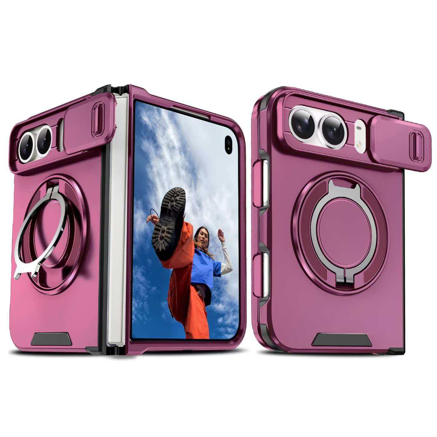 适用iphone Duo苹果折叠机手机壳 全包摄像头盖推窗360旋转支架 磁吸 军士 盔甲 铠甲 防摔 纯色 高档 气囊图片
