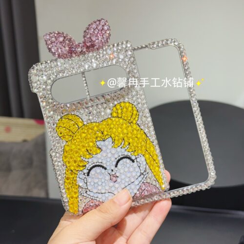 苹果18Duo华为puraxmax手机壳美少女保护套水钻折叠全包蝴蝶结