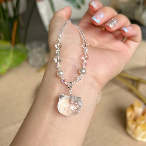 天然水晶项链kt猫白水晶项链精致透体小众可调节扣头项链