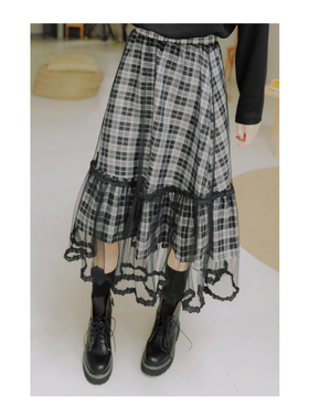 ANN and SAM 美丽青春少女格子层次松紧半身裙2024新品春夏女