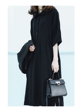 ANNandSAM极简款黑色雪纺衬衫连衣裙长裙短袖春夏女新品原创设计