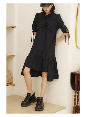 ANNandSAM中式少女感收腰不对称黑色连衣裙2024新品连衣裙收腰