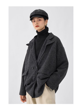 ANN and SAM  雅痞流浪感毛呢坑条纹短款外套2025春夏新品复古