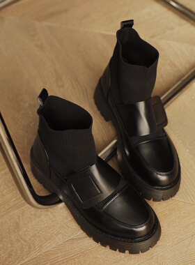 ANNandSAM 机能风靴子女朋克松紧针织魔术贴马丁靴2025秋冬新品