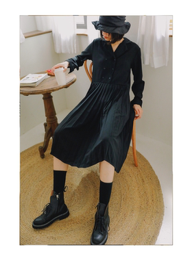 ANN and SAM 完全少女感 黑色垂坠百褶拼接暗黑感连衣裙2025新品