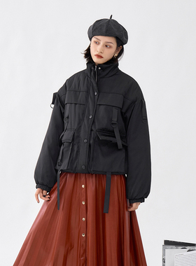 ANNandSAM 酷炫小能手 暗黑机能感短款小高领棉服2025新品秋冬女