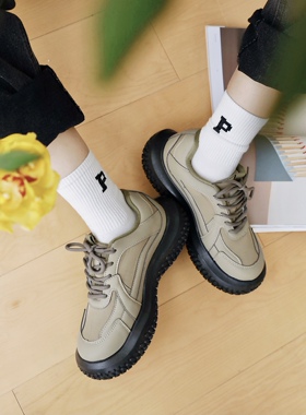 ANN and SAM 磨砂麂皮系带运动鞋平底春秋双色圆头可爱学院风