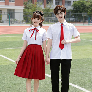中学生合唱演出服白衬衣红色百褶裙朗诵比赛服装运动会班服学院风