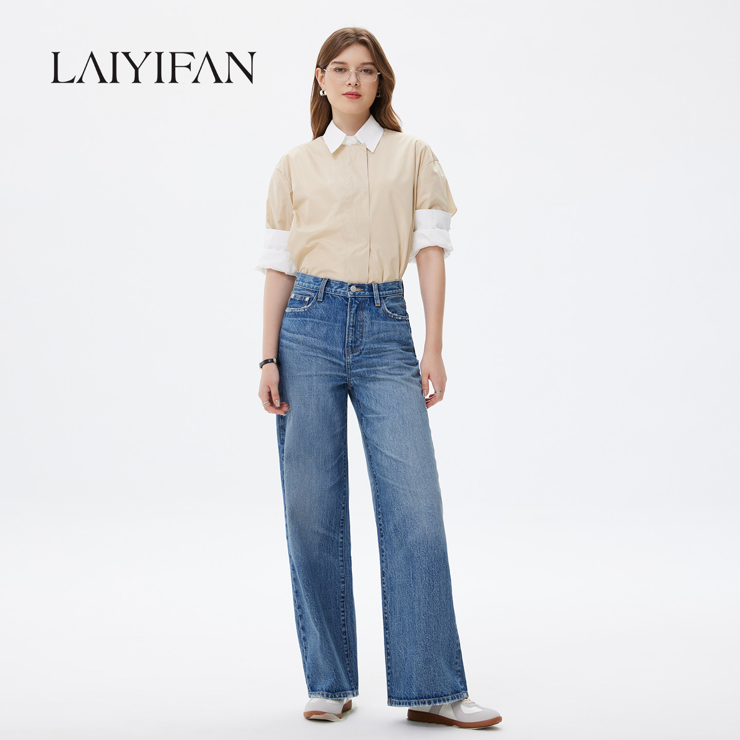 LAIYIFAN 纯棉宽松直筒牛仔裤女高腰百搭拖地裤磨边窄版阔腿裤