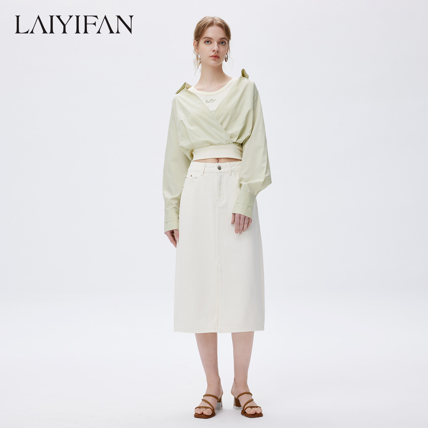 LAIYIFAN 白色棉质牛仔裙前开叉设计简约高腰显瘦A型中长半裙