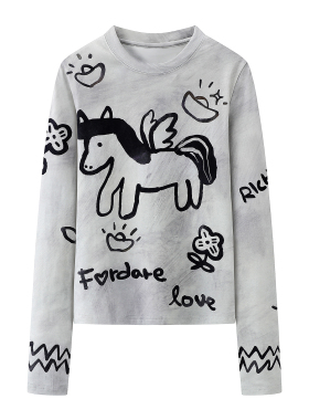 2026春季新款百搭修身减龄马年印花圆领长袖T恤打底衫内搭上衣女