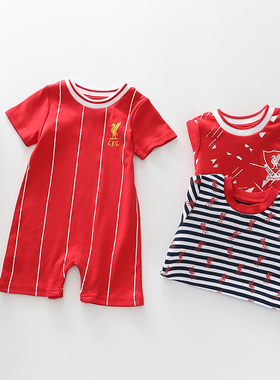 NB-24个月宝宝纯棉短袖平角哈衣LFC新生婴儿利物浦红色球队连体衣