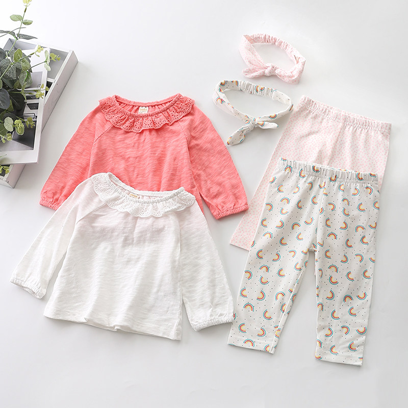3-18M春夏秋女宝纯棉蕾丝娃娃领长袖上衣+打底裤子+发带婴儿3件套