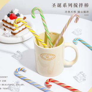 创意圣诞系列彩色条纹玻璃搅拌棒可爱创意长柄果汁咖啡加长搅拌棒