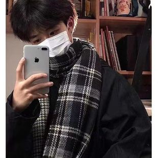 围巾男款冬季潮流韩版2025新款格子百搭学生保暖毛线男生围脖高档