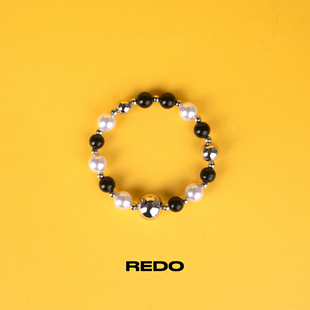 REDO博主同款时光转月高级感双戴撞色素珠耳环时尚银色黑色手链串