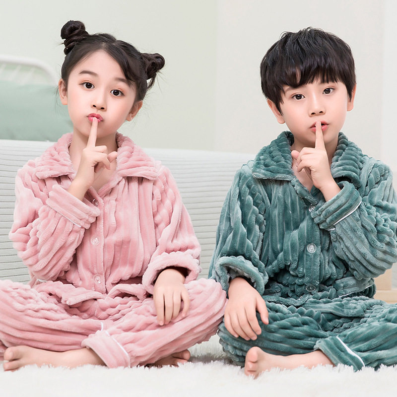 儿童法兰绒睡衣秋冬加厚保暖男童女童宝宝小孩子家居服珊瑚绒套装
