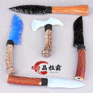 天然黑曜石刀龙晶剑摆件冰川刃手工打制石器猫眼石匕首桌面装饰品