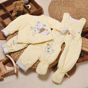 偶园M629婴儿夹棉加厚三件套纯棉开档裤 分体纯棉秋冬男女童套装
