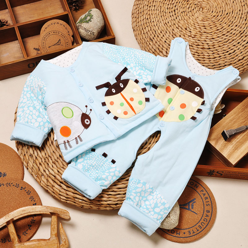 偶园M1275婴儿衣服分体套装秋冬纯棉男女宝宝夹棉厚款背带裤棉衣