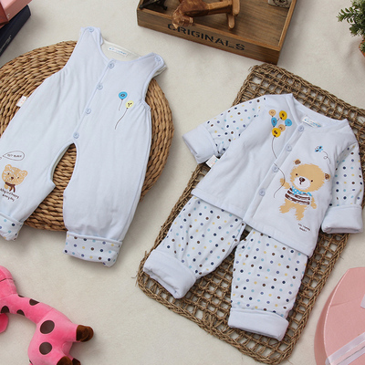 偶园M265婴儿夹棉加厚三件套纯棉开档裤分体纯棉秋冬男女童套装