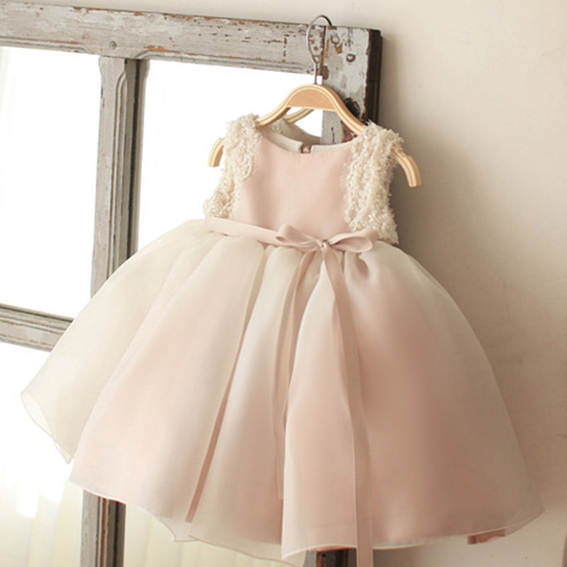 儿童礼服粉色蓬蓬纱公主裙女童生日蕾丝无袖晚礼服花童婚纱演出服