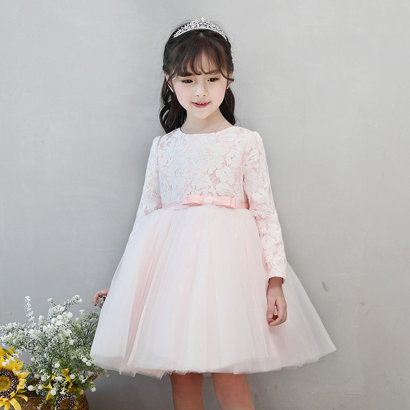 花童礼服女秋冬长袖儿童婚纱女童公主裙蓬蓬纱粉色女童结婚晚礼服