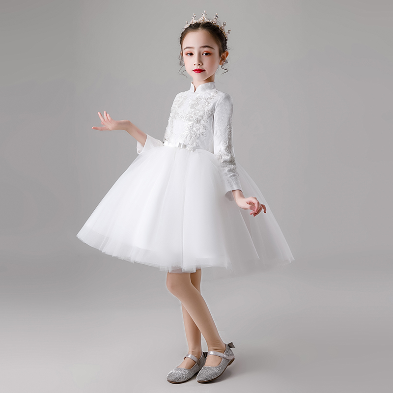 女童晚礼服白色公主裙新中式立领蓬蓬纱高定演出服小花童婚纱轻奢