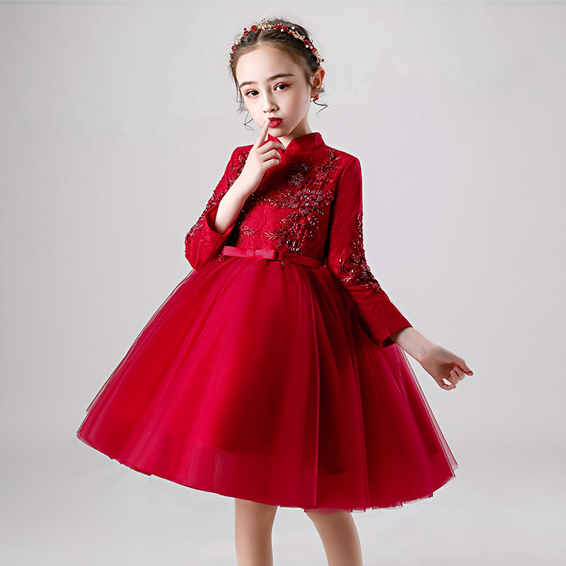 女童晚礼服儿童公主裙中式立领蓬蓬纱走秀主持演出服花童婚纱秋冬