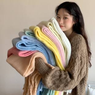 韩系氛围感马海毛纯色围巾女2025新款冬季美拉蓝慵懒风仿羊绒围脖