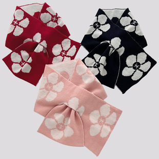 韩版花朵提花交叉小围巾女冬季窄边护颈保暖高级感领巾围脖短款潮