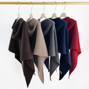 秋冬纯色含羊毛大三角巾带帽披肩女帽子围巾一体保暖护颈针织围脖