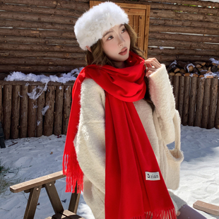 高级感安哥拉红色围巾女冬季加厚保暖韩系氛围感纯色仿羊绒围脖潮
