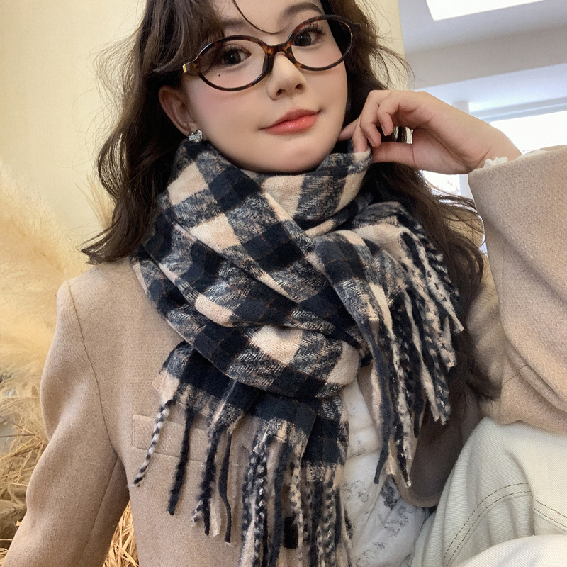 秋冬韩版百搭拼色格纹围巾女冬季加厚保暖仿羊绒围脖流苏披肩两用