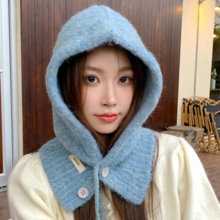 纯色巴拉克拉法帽女冬款羊毛混纺帽子围巾一体保暖护耳针织毛线帽