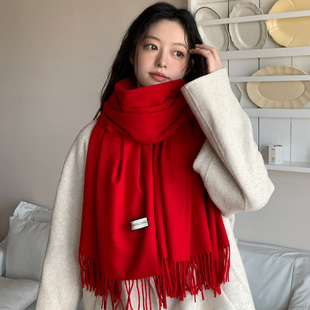 安哥拉红色围巾女冬季2025新款加厚保暖高级感纯色仿羊绒围脖披肩