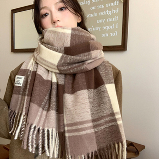 美拉德咖色格子围巾女秋冬季新款韩版加厚保暖高级感穿搭围脖披肩