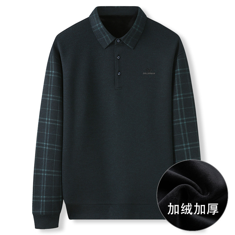 大码男加绒长袖T恤翻领格子宽松休闲胖子POLO衫青年加肥加大男装