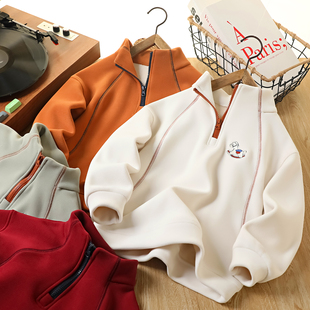 男童蚕丝羊毛加绒卫衣2025冬新款儿童刺绣拉链上衣中大童休闲卫衣