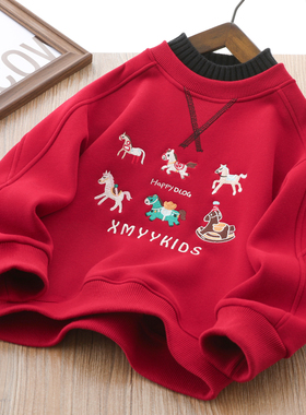 男童加绒红色卫衣马年本命年拜年服冬季2026新款中大儿童新年上衣