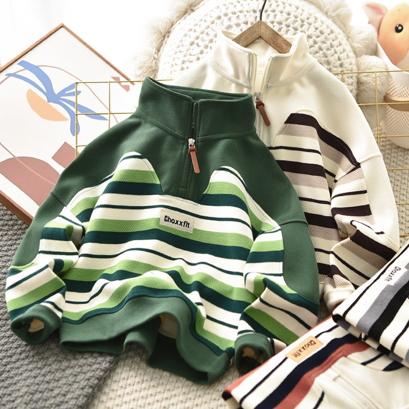 男童卫衣春秋季立领条纹2026新款儿童洋气上衣中大童休闲套头衫潮