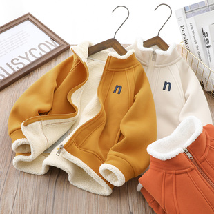 男童加绒羊羔毛外套卫衣秋冬2026新款中大童保暖防风立领拉链上衣