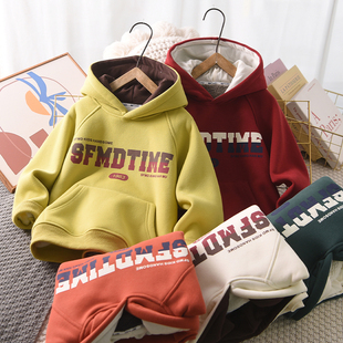 男童加绒卫衣红色冬季2026新款中大童纯色连帽儿童韩版休闲超上衣