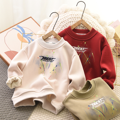 男童刺绣加绒卫衣时尚秋冬纯色