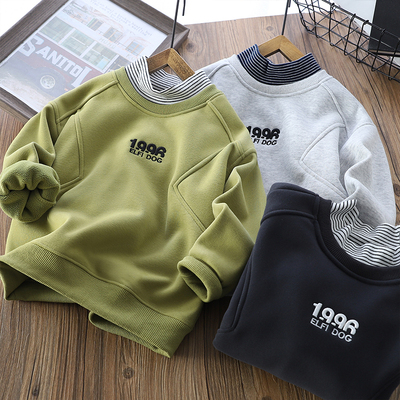 男童假两件卫衣秋冬条纹刺绣纯色