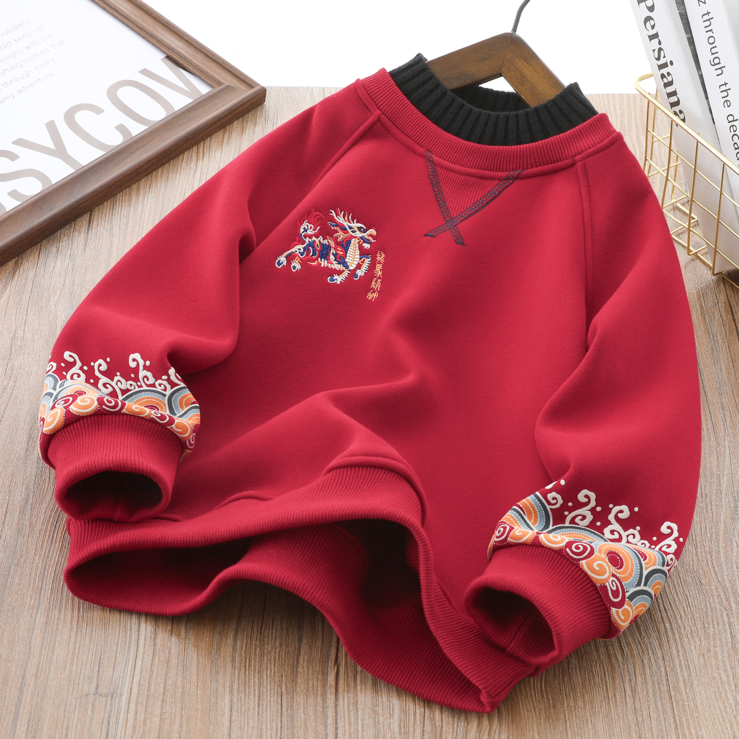 男童加绒新年拜年服假两件卫衣